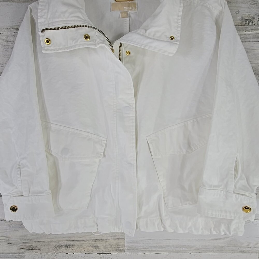 MICHAEL MICHAEL KORS WOMEN'S SIZE LARGE WHITE SNAP FULL ZIP JACKET FLAP POCKETS. - Picture 4 of 16